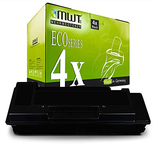 Eine schwarze Tonerpatrone steht vor einer grünen MWT Eco Series Box.