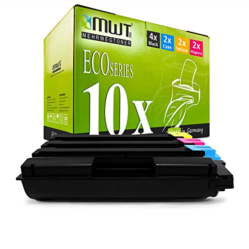 Eine grüne MWT Toner-Verpackung mit zehn Tintenpatronen davor auf weißem Grund.