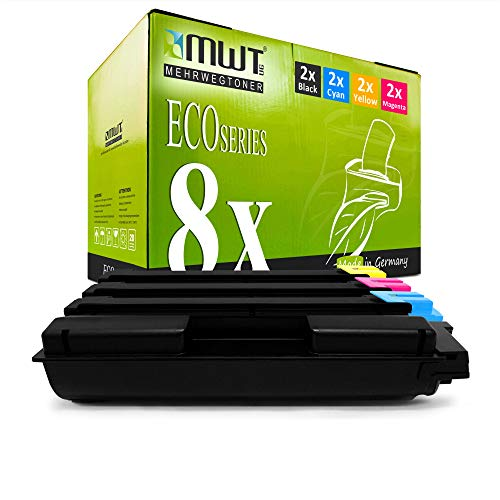 Eine MWT-Tonerkartonverpackung mit ECO Series 8x Etikett vor vier schwarzen Druckerpatronen.