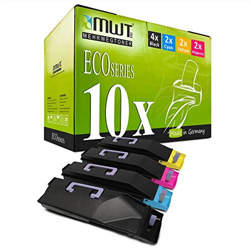 Grüne MWT Eco-Series Tonerbox mit vier schwarzen und farbigen Tonerkartuschen davor.