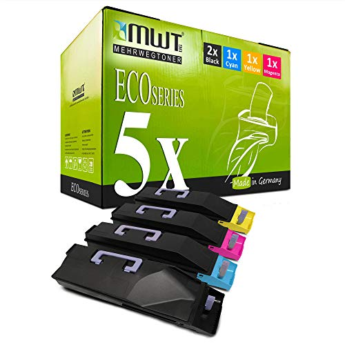 Grüne MWT Eco Series Tonerkartuschenbox und vier schwarze Tonerkartuschen mit farbigen Verschlüssen davor.