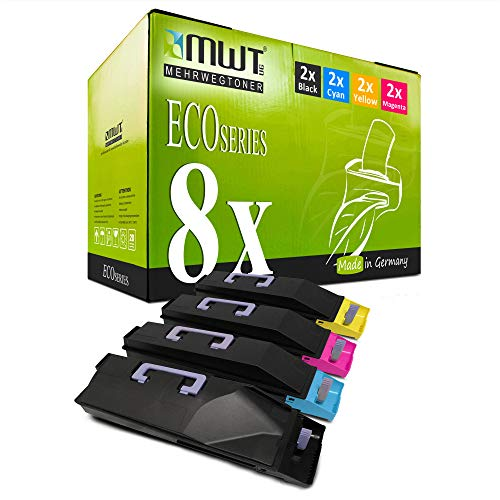 Eine grüne MWT Eco-Series Tonerbox mit vier schwarzen und bunten Tonerkartuschen davor.