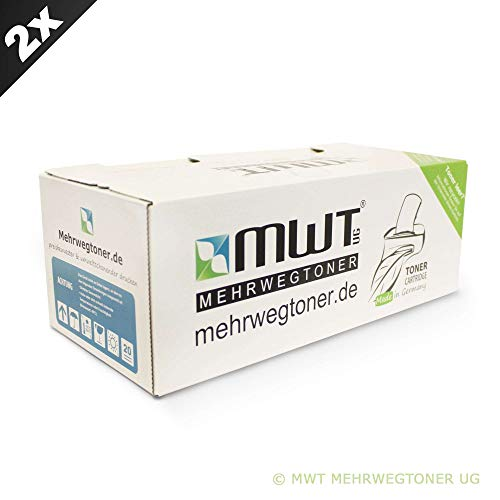 Eine weiße MWT Mehrwegtoner Verpackungsbox mit blauen und grünen Akzenten auf weißem Hintergrund.