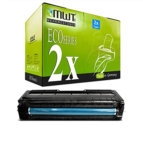 Eine grüne MWT Eco Series Kartonverpackung mit der Aufschrift 2x Cyan und ein schwarzer Tonerkassette mit blauer Walze.