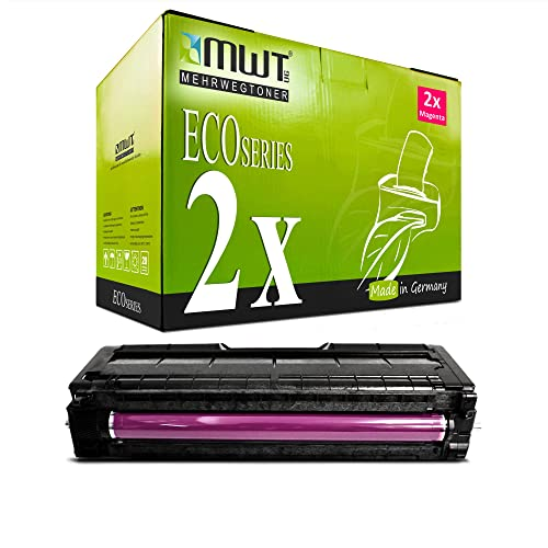 Eine grüne MWT Eco Series Tonerkartonverpackung mit 2x-Symbol und eine schwarze Tonerkassette mit rosa Walze.