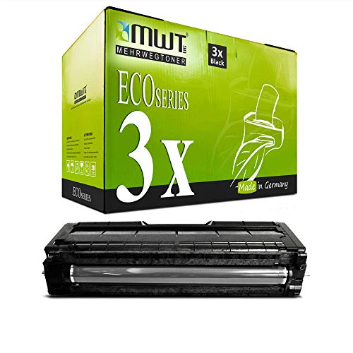 Eine grüne MWT Eco Series Tonerbox mit drei schwarzen Tonerkartuschen, darunter eine abgebildete Kartusche.
