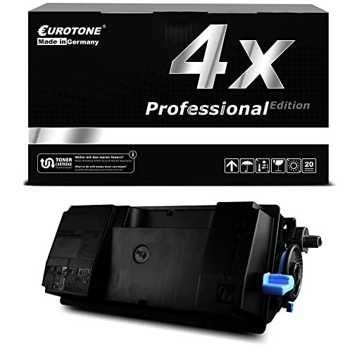 Schwarze Tonerkartusche vor einer schwarzen Produktverpackung mit der Aufschrift 4x Professional Edition.