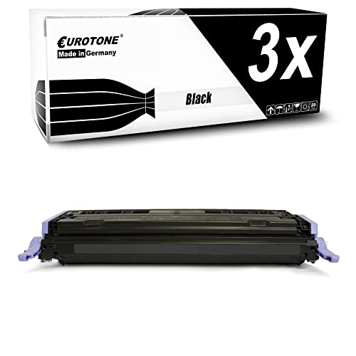 Eine schwarze Tonerkassette und ihre Verpackung mit der Aufschrift 'Eurotone 3x Black'.