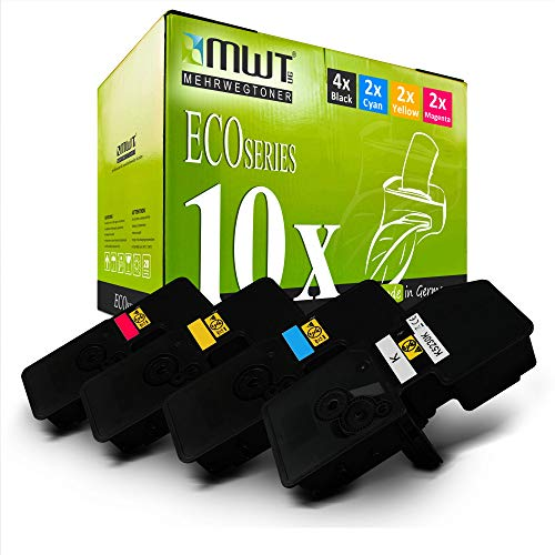 Grüne MWT-Eco-Series Tonerbox mit vier schwarzen und farbigen Tonerkartuschen davor.