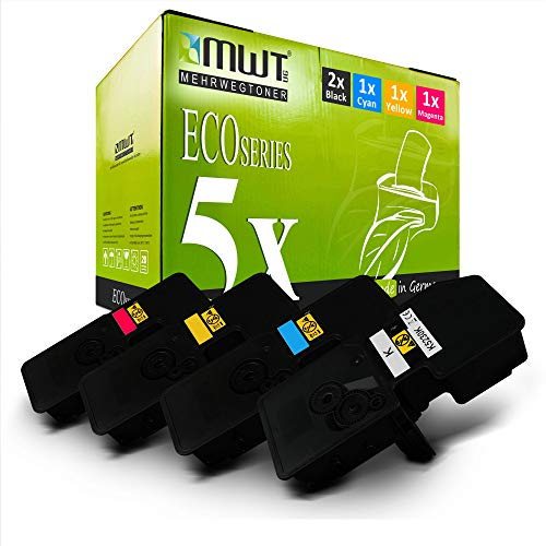 MWT Drucker Tonerbox mit Eco Series Branding und fünf schwarzen und farbigen Patronen davor.