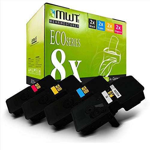 MWT ECO Series 8x Toner-Box mit vier schwarzen Druckerpatronen davor vor weißem Hintergrund.