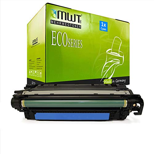 Eine grüne MWT Eco Series Tonerkassette in Cyan steht vor der passenden Verpackung.