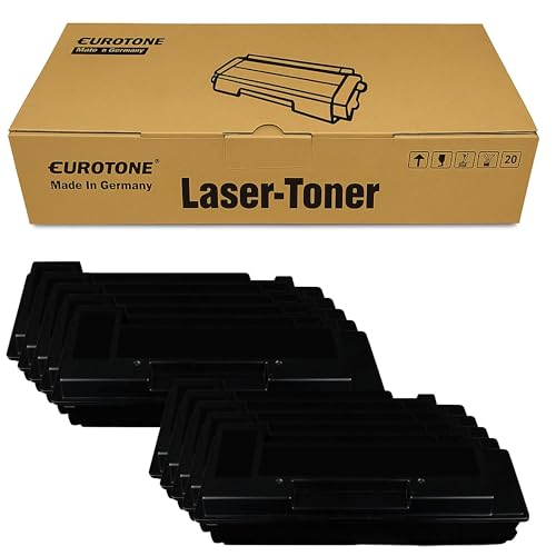 Ein Eurotone-Karton mit der Aufschrift Laser-Toner, platziert über einem Stapel schwarzer Tonerkassetten.