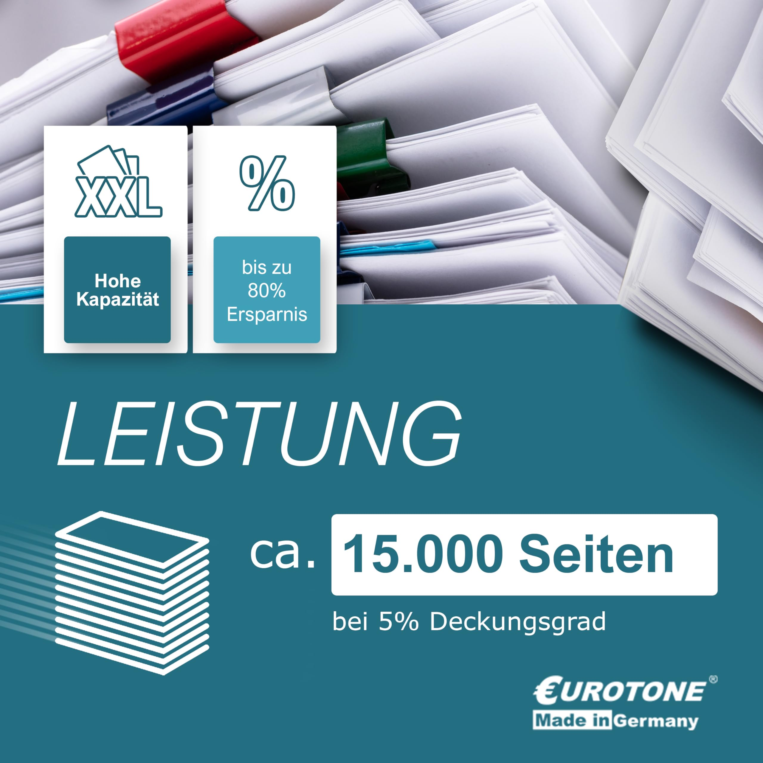 Stapel Papierstapel mit Icons für XXL-Kapazität und Prozentzeichen sowie Text 'ca. 15.000 Seiten'.