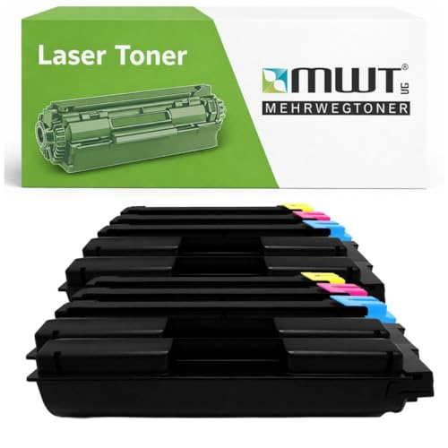 Eine Verpackung für Laser-Toner und mehrere schwarze Tonerkassetten mit bunten Kappen.