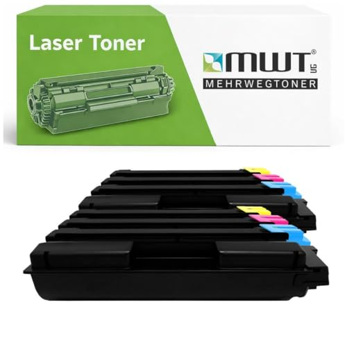 Eine Verpackung für Lasertoner und mehrere schwarze Tonerkartuschen mit farbigen Akzenten.