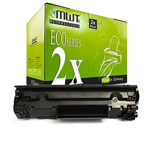 Eine grüne MWT Eco Series Tonerbox mit der Aufschrift 2x Black und ein schwarzer Toner davor auf weißem Grund.