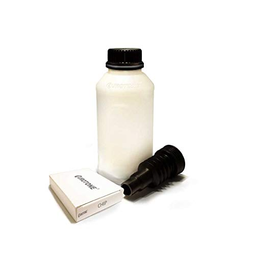 Eine weiße Plastikflasche mit schwarzem Deckel, ein schwarzer Trichter und eine kleine Schachtel mit Aufschrift auf weißem Grund.