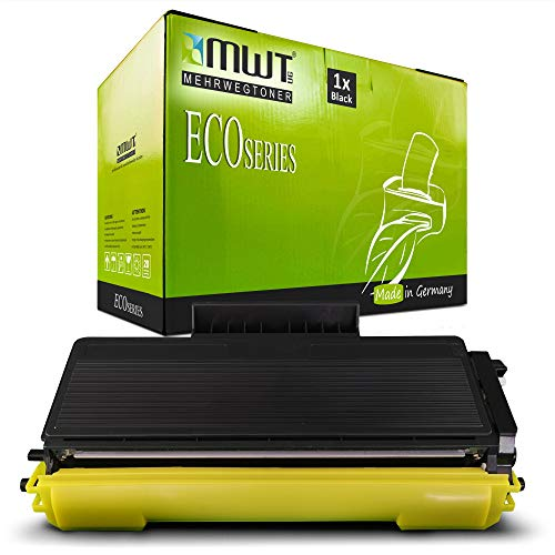 Eine schwarze Tonerkassette mit gelbem Schutzclip und die dazugehörige grüne MWT EcoSeries Verpackung.