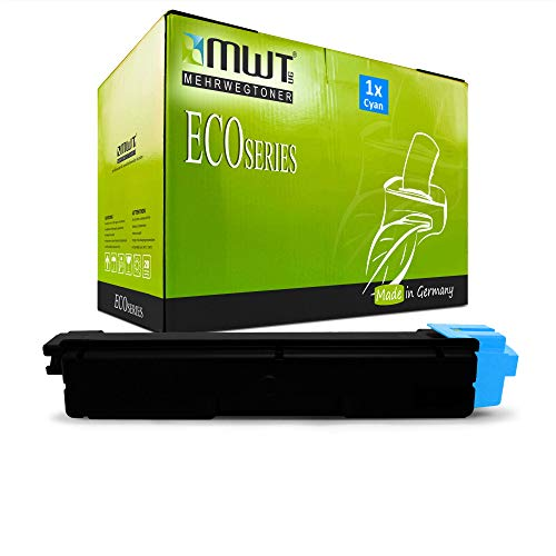 Eine grüne MWT EcoSeries Tonerbox mit einer cyanblauen Tonerkassette davor.