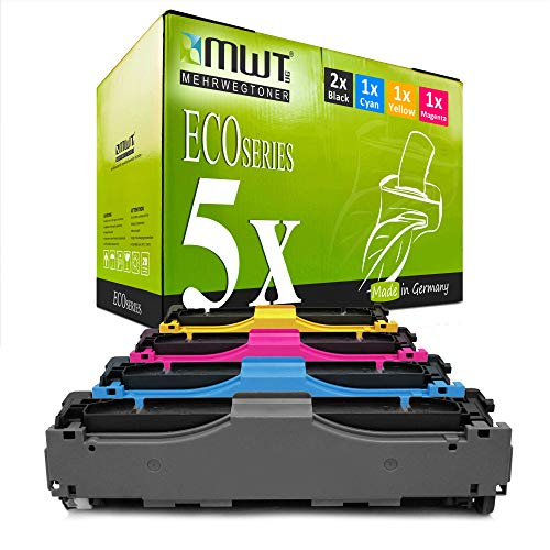 Fünf farbige Tonerpatronen vor einer grünen MWT ECO Series Verpackung.