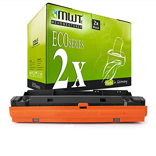 Grüne MWT EcoSeries Tonerkartusche Verpackung mit einer schwarzen und orangen Kartusche vorne.