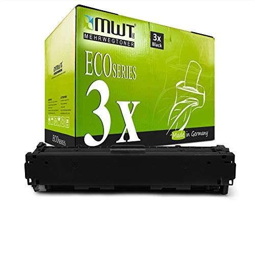 Eine grüne MWT EcoSeries Tonerbox mit dreifachem schwarzem Inhalt und einer schwarzen Tonerkassette davor.
