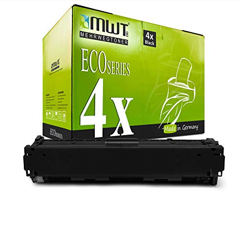 Eine grüne MWT EcoSeries Tonerbox mit vier schwarzen Tonerkartuschen und Beschriftung davor.