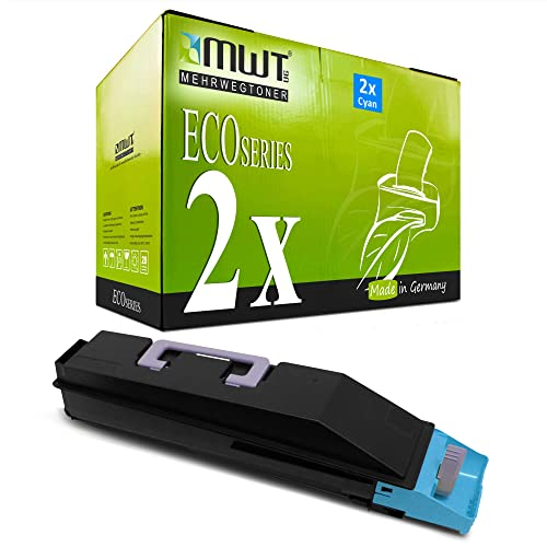 Eine grüne MWT EcoSeries Tonerbox und eine schwarze Tonerkassette mit blauen Details liegen vor weißem Hintergrund.