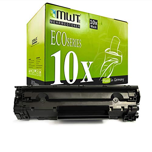 Schwarze Tonerkassette vor einer grünen MWT EcoSeries Verpackung.