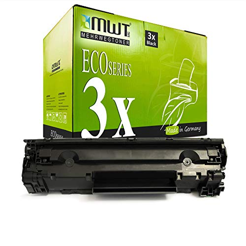 Eine schwarze Tonerkassette liegt vor einer grünen Produktverpackung mit der Aufschrift ECO Series 3x.