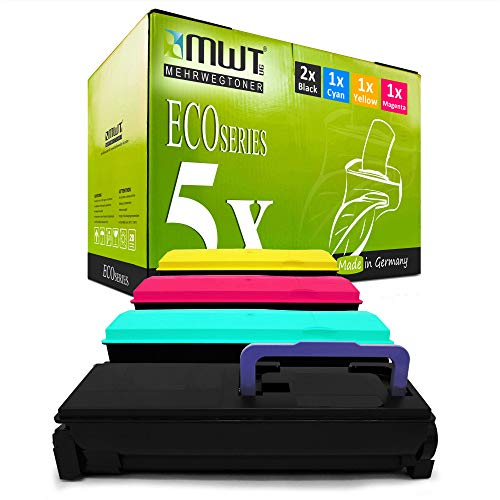 MWT ECO Series Tonerboxen in Schwarz, Cyan, Gelb und Magenta vor einer grünen Verpackung.