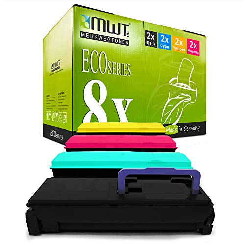 MWT ECO Series Tonerkartuschen in Schwarz, Cyan, Gelb und Magenta vor der grünen Verpackung.