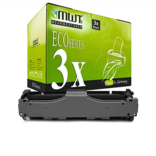 Eine grüne MWT Eco Series Tonerkartonverpackung mit drei schwarzen Tonern und einem Toner in Grautönen davor.