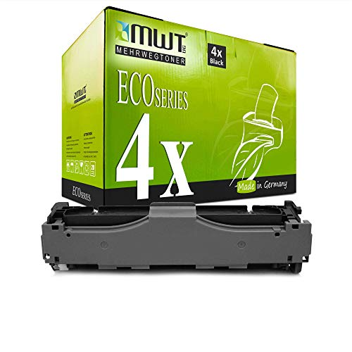 Eine schwarze Druckerpatrone vor einer grünen MWT Eco Series Schachtel.
