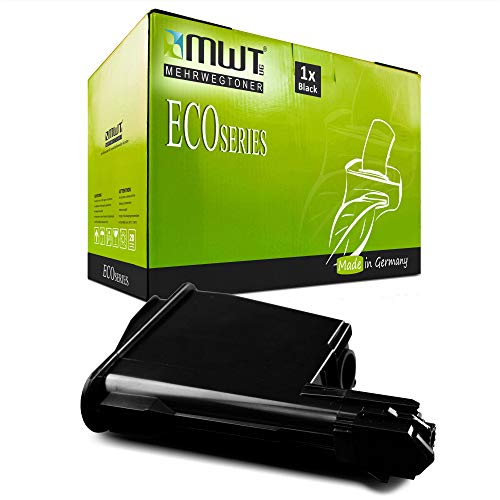 Ein schwarzer Druckertoner liegt vor einer grünen MWT Eco Series Kartonverpackung.