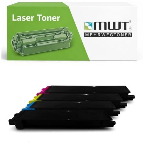 MWT Laser-Toner-Verpackung und vier schwarze Tonerkartuschen mit farbigen Akzenten.