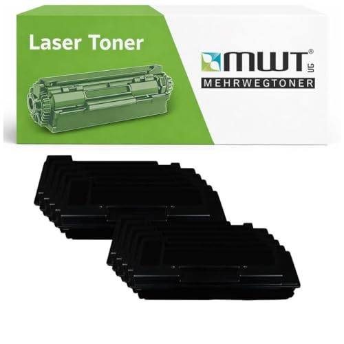 Sechs schwarze Lasertoner-Kassetten vor einer MWT-Verpackungsbox.