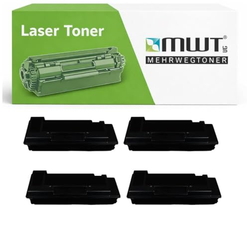 MWT Laser-Toner Box in Weiß und Grün mit vier schwarzen Tonerkartuschen davor.