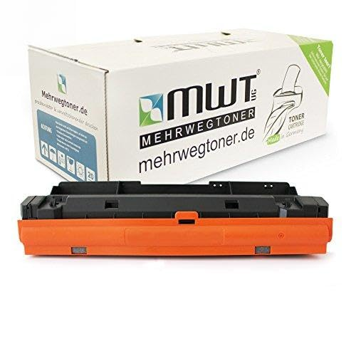 Eine schwarze und orangefarbene Tonerkartusche liegt vor einer weißen Verpackung mit MWT-Logo.