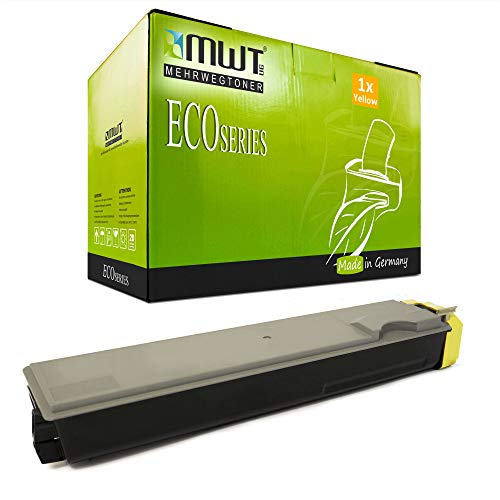 Eine grüne MWT Eco Series Tonerkassette mit einer gelben Patrone vorne auf weißem Grund.