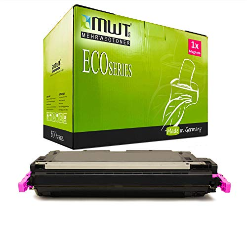 Ein schwarzer Toner mit magenta Griffen vor einer grünen MWT EcoSeries Verpackung.