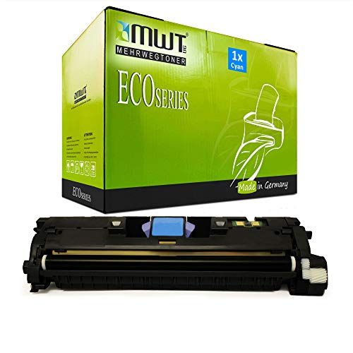 Eine schwarze Tonerkassette liegt vor einer grün-schwarzen MWT Eco Series Box.