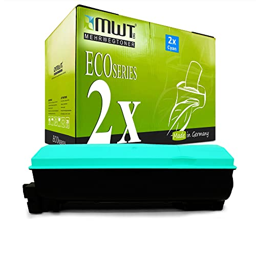 Cyanfarbene Tonerkassette und dazugehörige grüne MWT Eco Series Verpackungsbox.