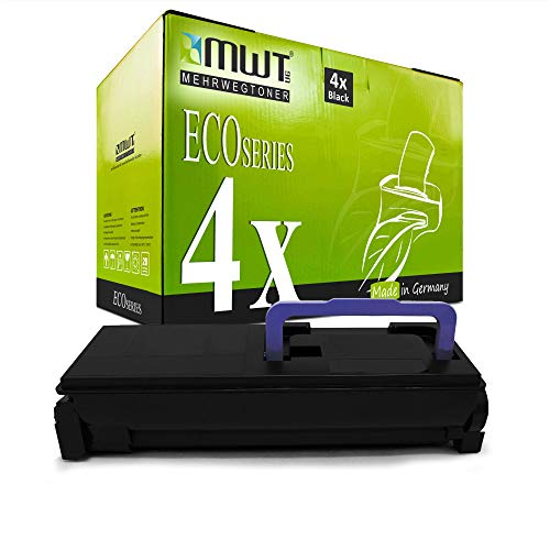 Eine schwarze Tonerkassette mit blauem Griff vor einer grünen MWT Eco Series Kartonverpackung.