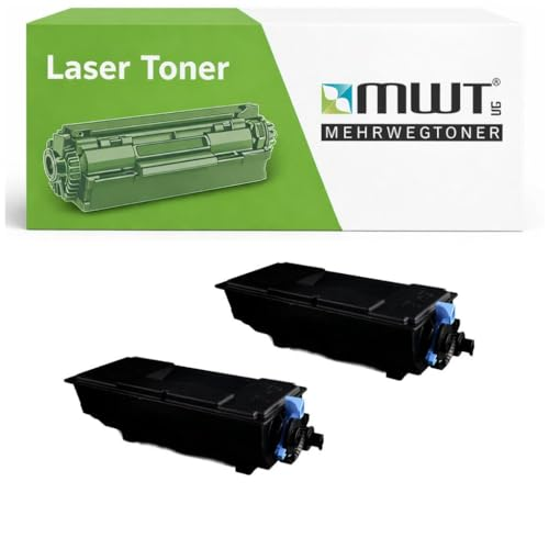 Zwei schwarze Lasertoner-Kartuschen vor einer MWT Mehrwegtoner Box.