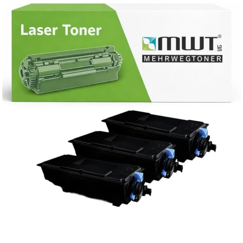 Drei schwarze Lasertoner-Kartuschen vor einer grünen und weißen MWT-Verpackung.