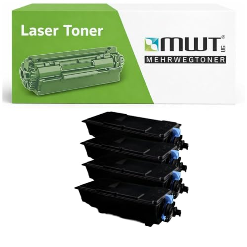 Vier schwarze Lasertoner-Kartuschen vor einer MWT Mehrwegtoner-Schachtel auf weißem Hintergrund.
