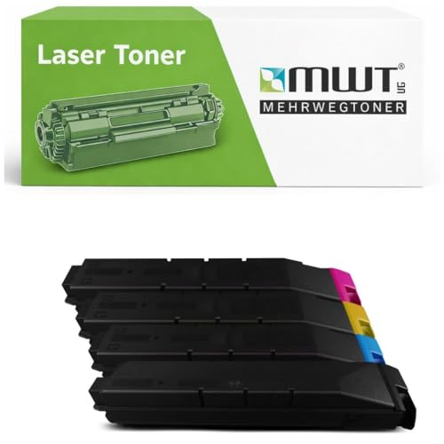 MWT Laser-Toner-Verpackung und vier farbige Tonerkartuschen in Schwarz, Magenta, Gelb und Cyan.