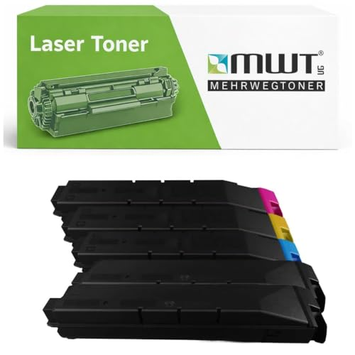 MWT Lasertoner Verpackungskarton mit fünf davor aufgereihten schwarzen Tonerkartuschen.